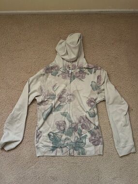 Floral Zip Hoodie in Cream with Muted Green and Mauve Print